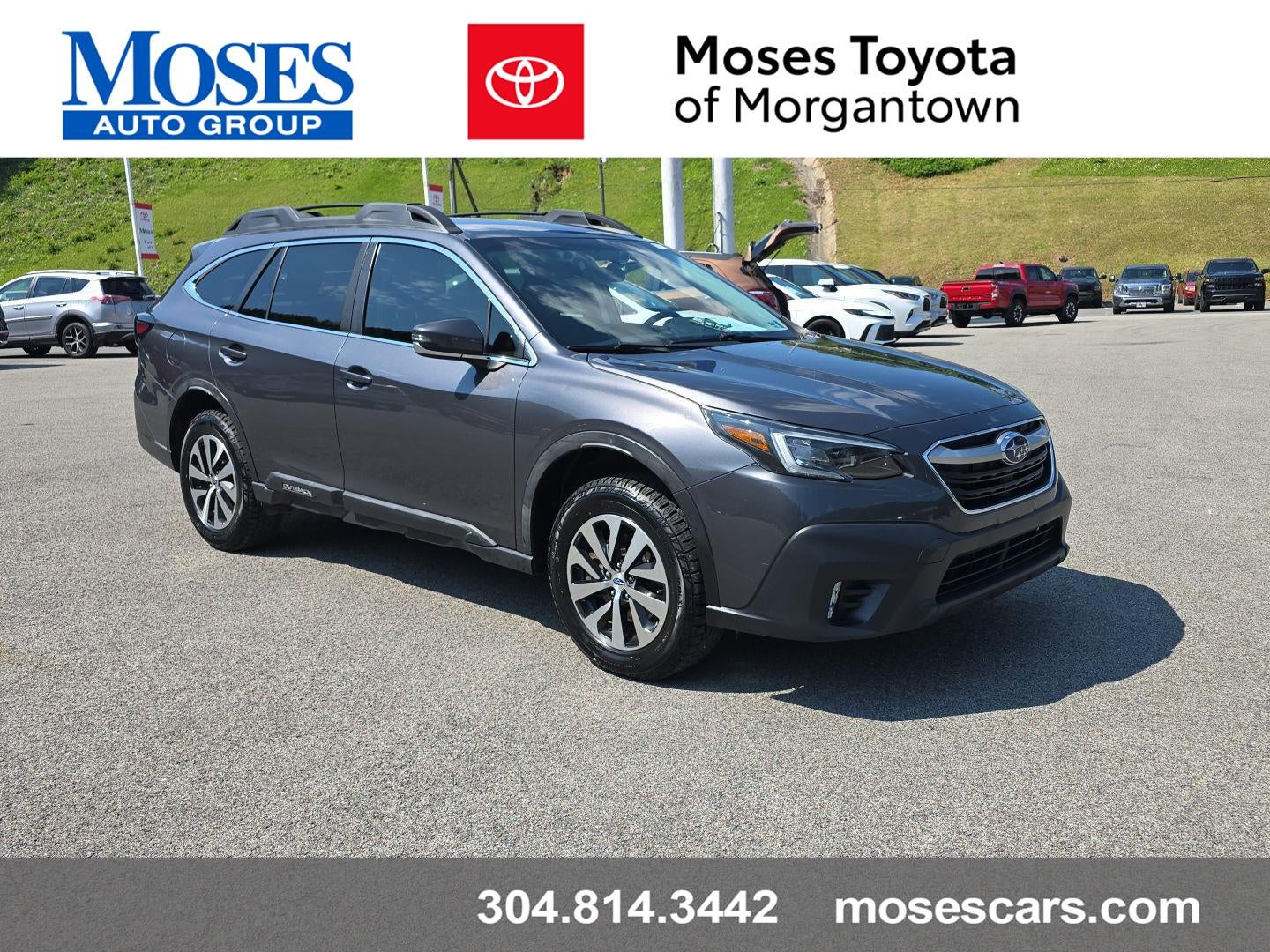 2020 Subaru Outback Premium in Magnetite Gray Metallic — front three-quarter view