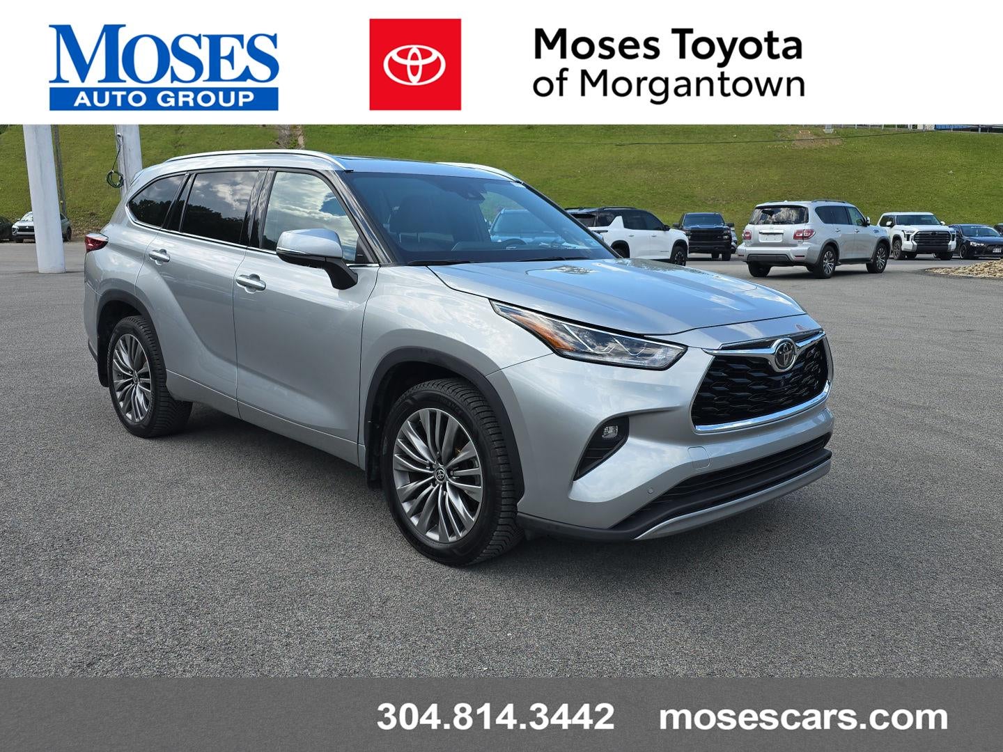 2021 Toyota Highlander Platinum in Celestial Silver Metallic — front three-quarter view